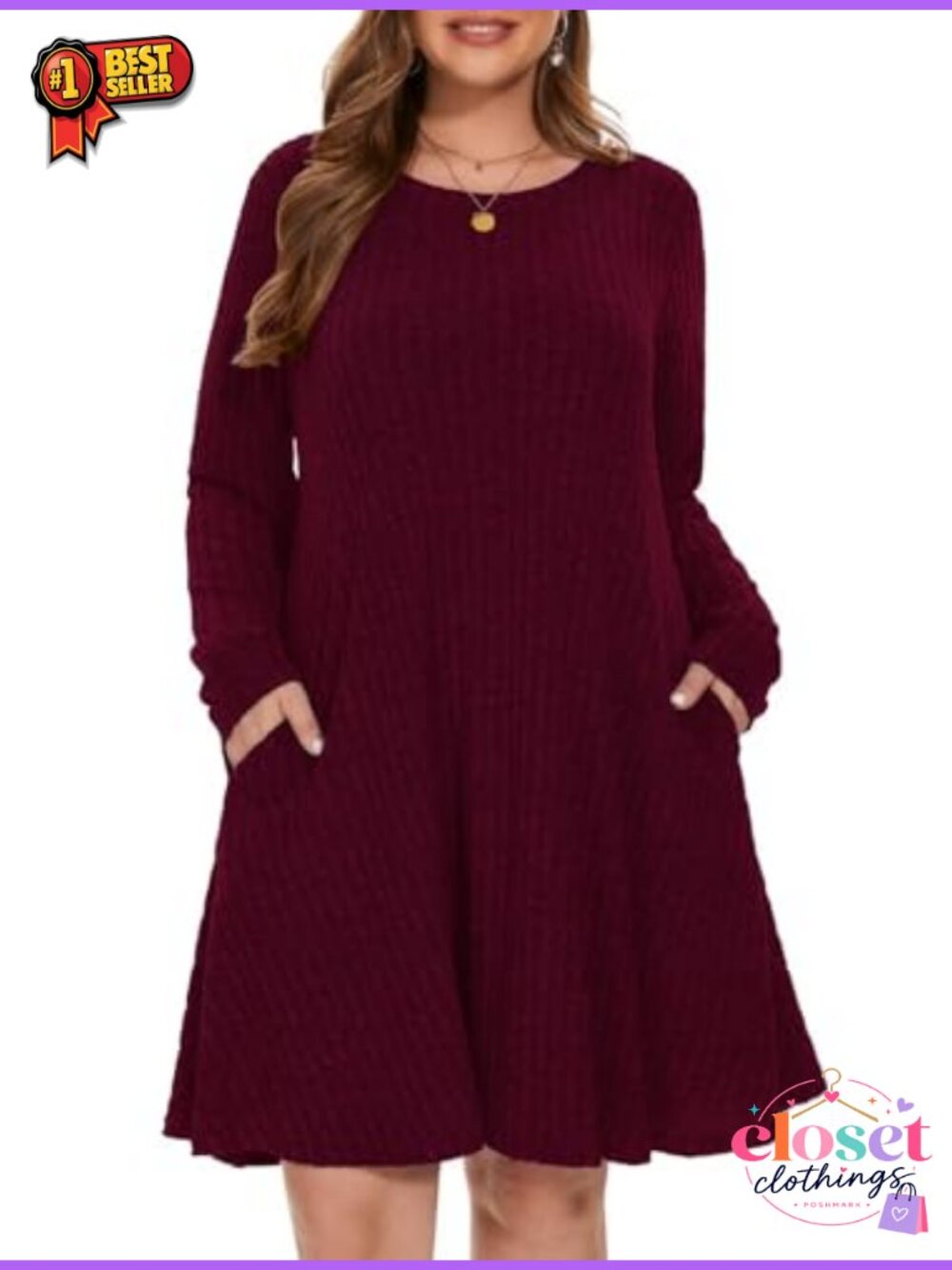 Plus Size Crew Neck Long Sleeve Sweater Dress Fall Winter Casual Wear